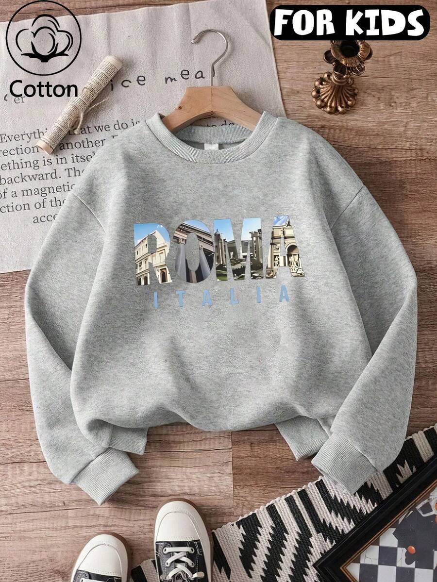 Tween Girl Crewneck Sweatshirt, Roma Italia Rome Landmark Photo‑Fill Letter Graphic Pullover, Soft Cotton Long Sleeve Top - Light Grey - View 1