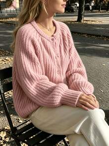 Women's Round Neck Knitted Cardigan Sweater, Slouchy, Soft And Cozy, Loose Fit, Solid Color, Versatile Top - Pink - View 5