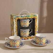 1 Set Ceramic Coffee Cup With Saucer, Lemon Pattern Design, Suitable For Coffee, Milk, Juice, Ideal For Home, Restaurant, Cafe, Great Gift For Coffee Lovers On Father's Day, Mother's Day - Multicolor - View 14