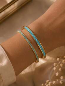 rakol 2Pcs Minimalist Turquoise Bar Inlaid Cuff Bangle Set, Stackable Gold Bracelets - Long Strip - View 3