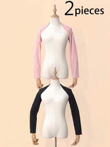 2 piezas Calentadores de brazos de modal con protección solar de unicolor para mujer, adecuados para bailar y uso diario, calentador de brazos estilo raglán - Negro 1 Rosa 1 - Ver 2