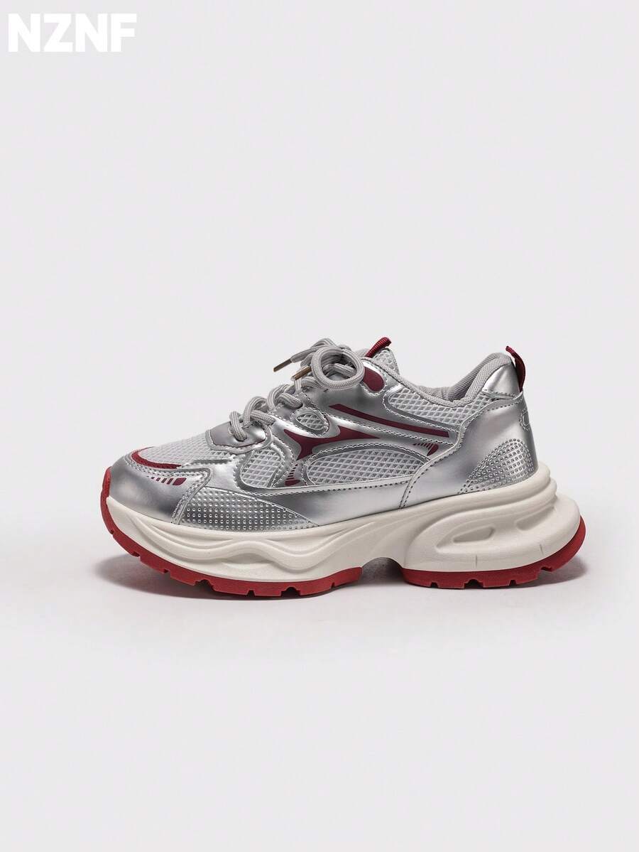 NZNF Best-Selling Versatile Chunky Sneakers For Women, Autumn 2025 New White Platform Retro Thick Sole Low-Top Athletic Shoes - Red - View 1