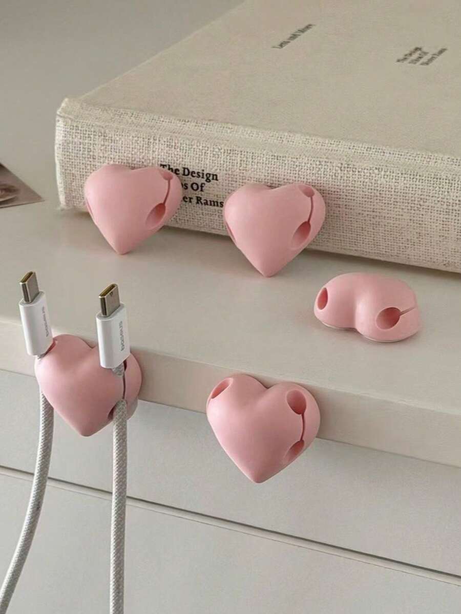 Heart-Shaped Cable Organizer, Dual Slot Desktop Adhesive Cable Holder, Self-Adhesive Heart Design Cable Management Rack, Gift For Friends - Pink - View 1