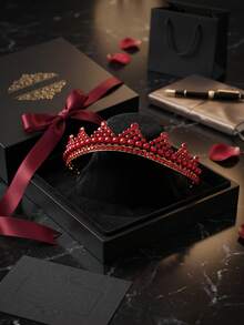 1pc Vintage Red Rhinestone Pearl Crown Baroque Bridal Tiara Hair Accessories For Women Wedding Prom Birthday Party Halloween - Red - View 7