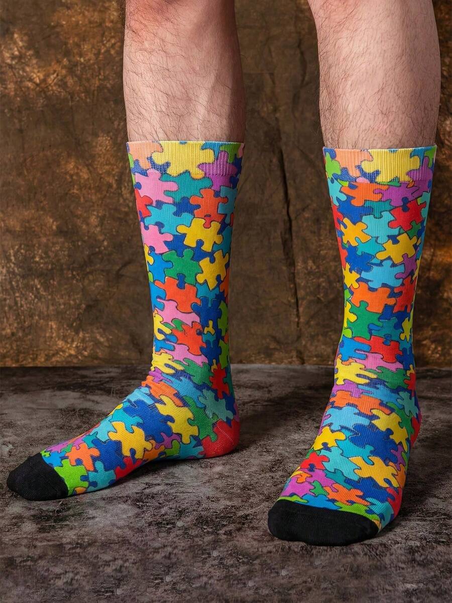 1/3 Pairs Rainbow Color Puzzle Block Pattern Mid-Calf Socks, Men's Mid-Calf Socks, Novelty And Fun, Interesting Christmas Gift - Multicolor - View 1