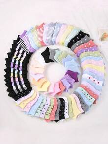 20 Pairs Low-Cut Invisible Socks, Suitable For Back To School Season, All-Season Wear, Designed With Cute Stripes, Hearts And Polka Dot Patterns, Breathable And Comfortable. Multiple Colors, Suitable For Daily Wear, Simple And Versatile Short Sock Style. (1 Pair), 10/30 Pieces, Includes Multiple Colors And Styles To Choose From. - Multicolor - View 2