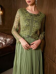 Elegant Women's Long Sleeve Ball Gown, Decorated With Exquisite Round Neckline, Gorgeous Pleated Flare Skirt, Suitable For Formal Evening Events - Green - View 11