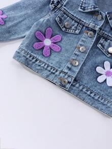 Girls' Denim Jacket/Cardigan, Autumn/Winter New Arrival, Sweet & Cute 3D Floral Embroidery, Light Blue Washed Denim Color, Ruffle Shoulder & Flutter Sleeve Design, Premium Cotton Denim Fabric, Versatile For Daily Wear With Dresses And T-Shirts, Suitable For Spring/Autumn Daily Outings, School And Gatherings - Light Wash - View 3