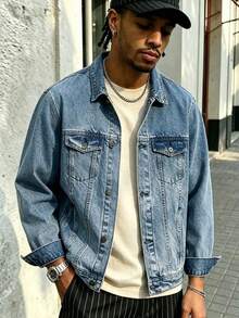 Men's Denim Jacket; A Vintage-Washed, Long-Sleeved Denim Jacket, Perfect For Everyday Casual Wear. - Light Denim Blue - View 4