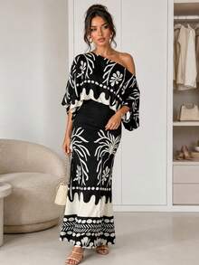 Women's 2pcs Tropical Print Lantern Sleeve Cold Shoulder Top + Elastic High Waist Mermaid Maxi Skirt Set, Vacation Resort Style Black Elegant - Black - View 6