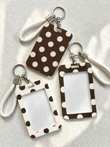 New Multi-Color Polka Dot Print Cartoon Style Push-Pull Card Holder (Card Holder + Keychain) - Suitable For Student ID, Meal Card, Transit Card And Campus Card. Features Anti-Loss Hard Shell Design, Can Be Used As Regular Card Holder, Business Card Holder, Credit Card Holder Or ID Holder. Essential For Holiday Travel And College Life. - Multicolor - View 1