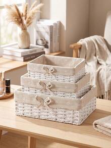 1Pc/3Pcs Hand‑Woven Storage Basket,Fabric‑Lined Decorative Desktop Organizer Bin,Multi‑Purpose Home Basket For Snacks,Cosmetics,Toys,Keys,Stationery,Ideal For Coffee Table,Cabinet,Decor Gift Storage Basket - White - View 3