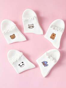 1/5 Pairs All-Season Kids Socks, Bear, Capybara, Shark, Panda, Raccoon Cute Animal Print, Versatile Short Socks For Students - Multicolor - View 5