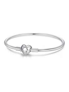 FOREVER QUEEN 1PC 925 Sterling Silver Heart Bangle Bracelet, Clear CZ Pave Heart Clasp Smooth Bangle, Romantic Jewelry Gift For Women - Bracelet - View 7