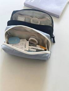 1pc Solid Color Large Capacity Layered Pencil Case, Mesh Compartment Stationery Storage Bag, Multi-Compartment Partitioned Storage For Writing Tools, Extra Wide Body To Hold Multiple Stationery Items, Smooth Zipper Opening And Closing, Suitable For School Supplies, Christmas Planner Tools, Halloween Drawing Materials, Short Video Promotion - Multi-color - View 5