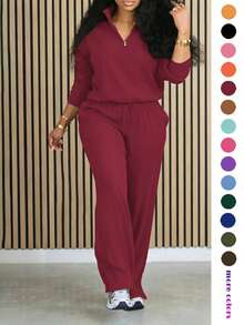 Women's Solid Color 2-Piece Casual Long Sleeve Half-Zip Hoodie & Drawstring Split Straight Leg Pants Set, Lightweight & Soft, Suitable For Spring, Summer, Autumn - Burgundy - View 2