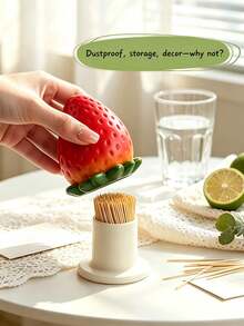 Strawberry-Shaped Toothpick Holder, Practical Toothpick And Cotton Swab Storage Box With Base, Cute Strawberry Design, Suitable For Restaurant And Living Room Decoration - View 5