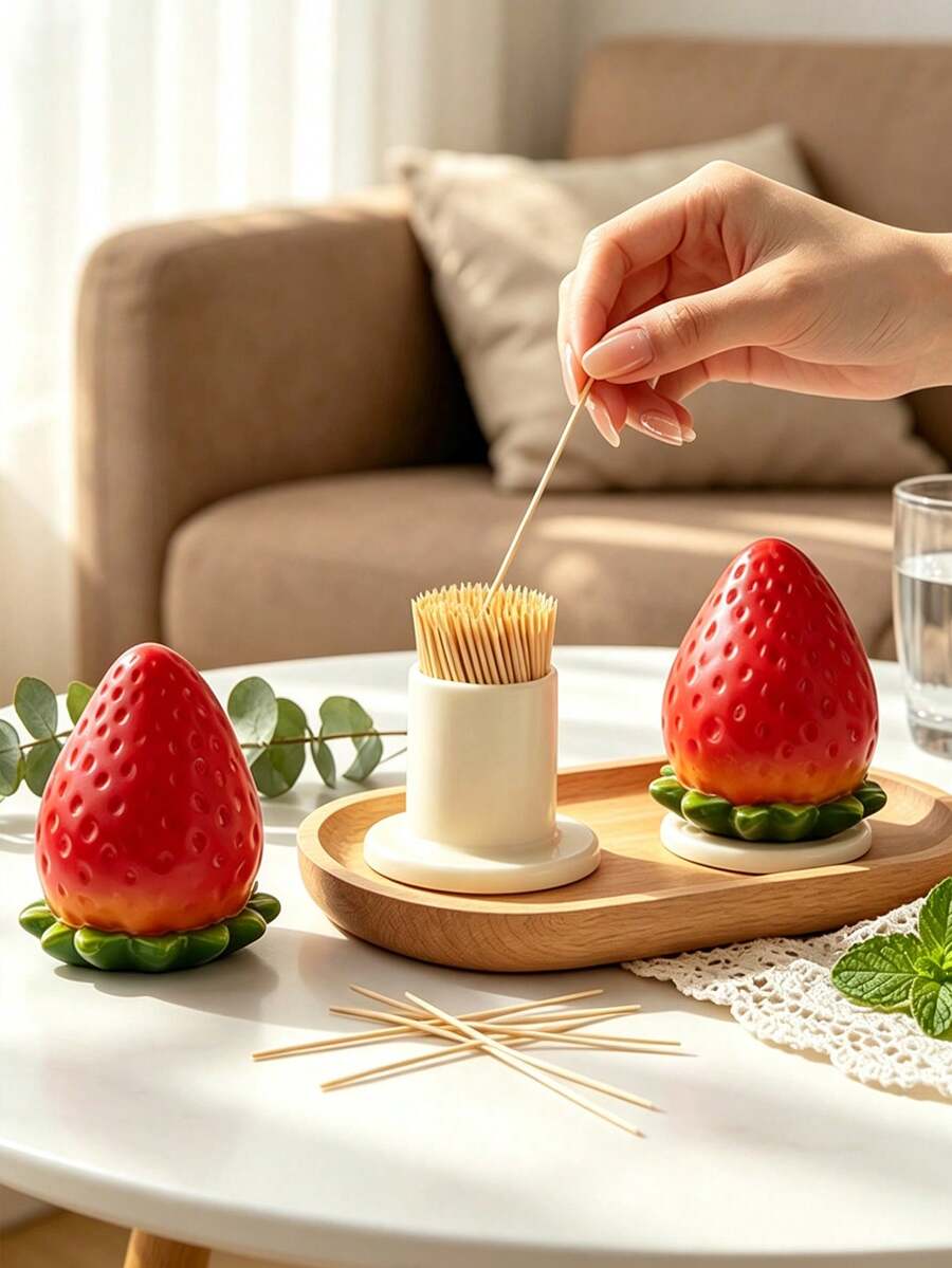 Strawberry-Shaped Toothpick Holder, Practical Toothpick And Cotton Swab Storage Box With Base, Cute Strawberry Design, Suitable For Restaurant And Living Room Decoration - View 1