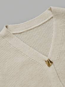 Autumn Cream V Neck Knit Cardigan For Women Lantern Sleeve Big Decor Buttons Loose Fit Soft Knit Tops Casual Fall Outfits - Apricot - View 4