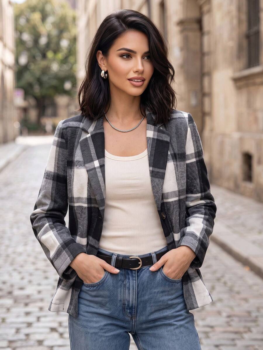 Women's Plaid Button Front Regular Fit Long Sleeve Woven Fabric Lapel Jacket, Autumn Style - Multicolor - View 1