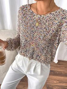 1pc Contrast Color New Design Niche High-End Elegant Unique Elegant Top Hollow Long Sleeve Round Neck Gentle Style Casual Knit Sweater Vacation - Multicolor - View 1