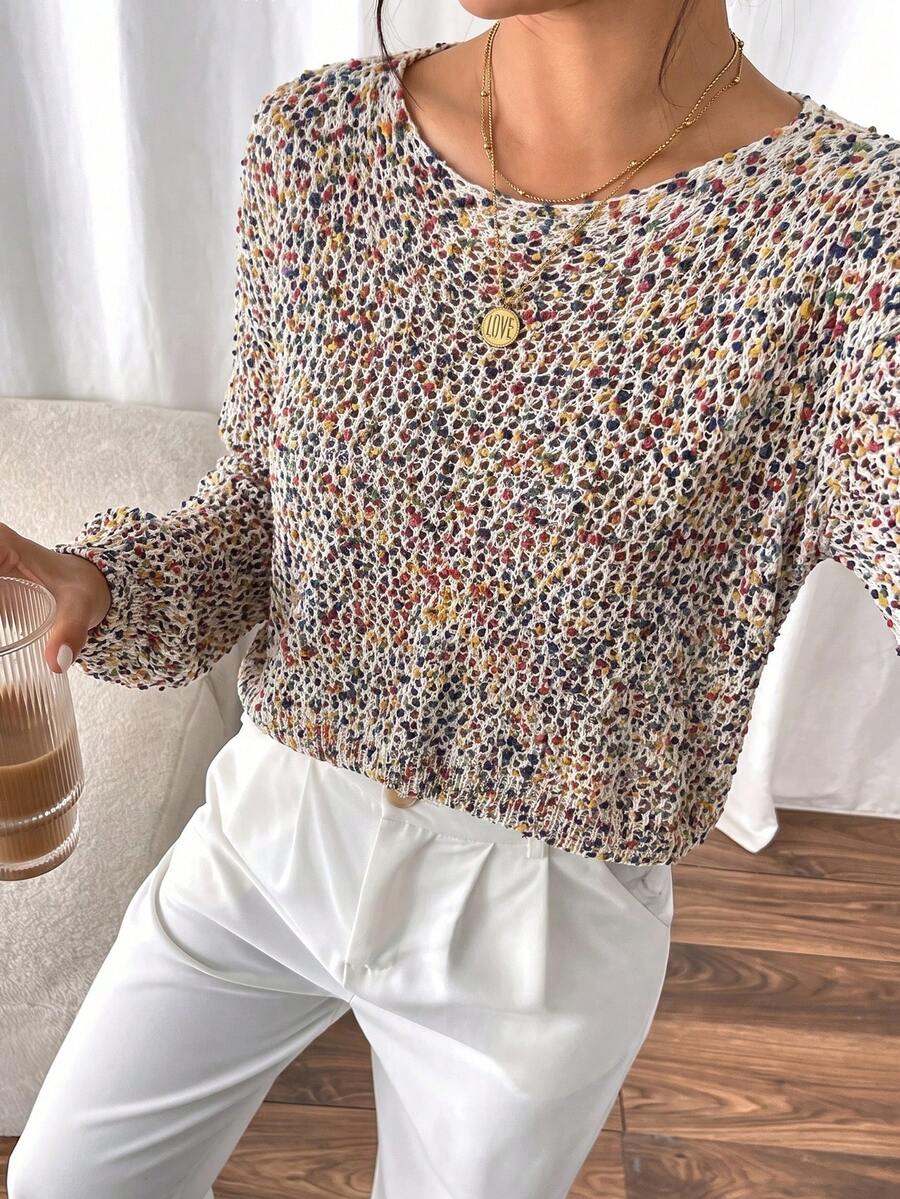 1pc Contrast Color New Design Niche High-End Elegant Unique Elegant Top Hollow Long Sleeve Round Neck Gentle Style Casual Knit Sweater Vacation - Multicolor - View 1