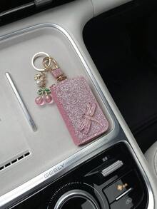 1 buah Dompet Kunci Mobil Transparan Berlapis Emas Motif Capung, Tas Penyimpanan Kunci Mobil Universal Berkilau Kreatif, Tas Kecil Pengorganisasi Kunci Mobil dengan Liontin Mutiara Ceri - A - View 7