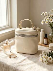 Chloé Cream White Faux Leather Vanity Makeup Case, Embossed CHLOE Logo Portable Handheld Travel Cosmetic Organizer Box Large Capacity Waterproof Toiletry Bag Luxury Gift For Women CHLOE-GIFT-20 - Off-white - View 9