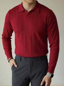 Burgundy Vertical Ribbed Knit Polo Men's Autumn/Winter Smart Casual Lapel Commute Long Sleeve Airplane Collar Knit Top Christmas Style - Burgundy - View 3