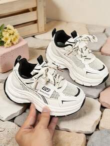 New Kids Breathable Mesh Thick Sole Chunky Sneakers, Hook And Loop Easy On/Off Girls Sports Shoes, Anti-Slip Shock-Absorbing Thick Sole School Shoes, Boys And Girls Fashionable Elegant Autumn Shoes, Versatile Daily Walking School Shoes For Girls - Black - View 4
