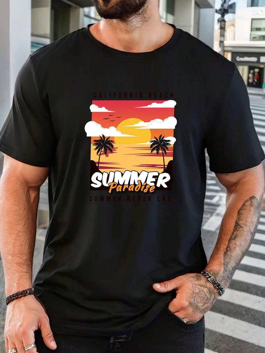 Men's Pure Cotton Short-Sleeve T-Shirt Casual Basic Round Neck Breathable Everyday Tee Top For Summer - 黑色 - 查看 1