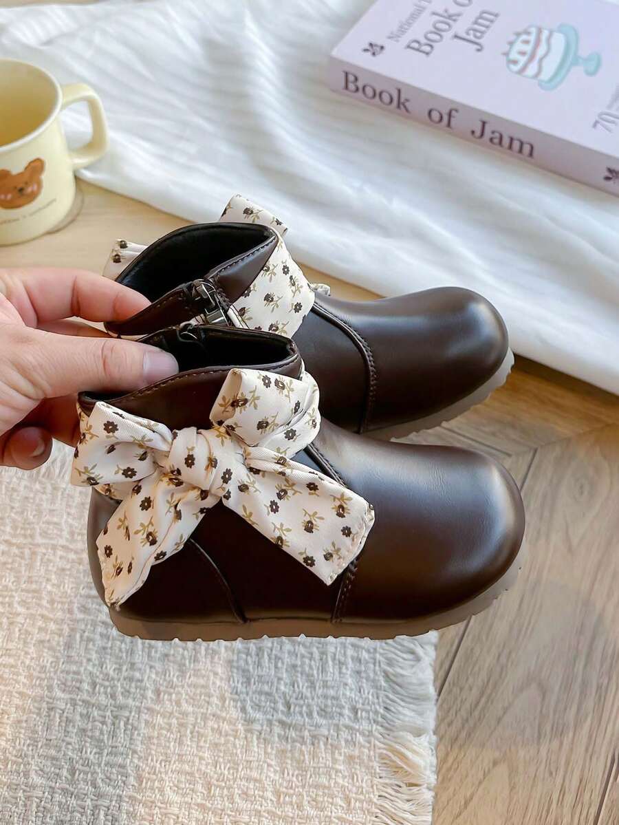 Girls' Floral Decor Ankle Boots, Side Zipper Soft Sole Vintage Princess PU Boots - Brown - View 1
