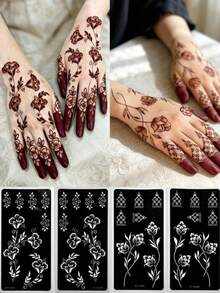 Reusable Self-Adhesive Nail Art Stencils - Floral Pattern Stencil Stickers, Perfect For DIY Body Painting, Parties And Events, Also Suitable For Handicrafts, Reusable, Mehndi Designs - Black - View 1