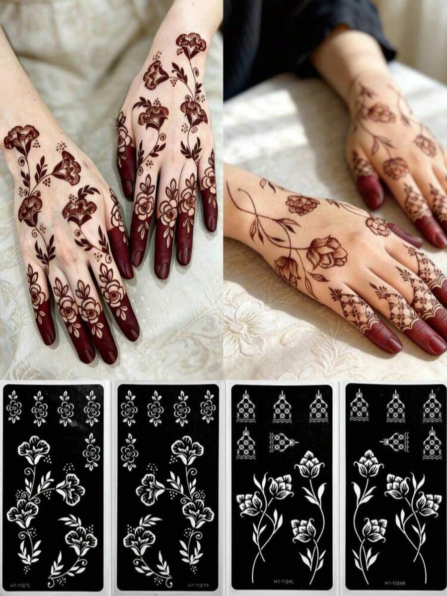 Reusable Self-Adhesive Nail Art Stencils - Floral Pattern Stencil Stickers, Perfect For DIY Body Painting, Parties And Events, Also Suitable For Handicrafts, Reusable, Mehndi Designs - Black - View 1