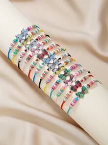 12pcs Oil Painting Butterfly & Soft Clay Rhinestone Circle Adjustable Braided Bracelet Set For Women, Suitable For Family, Best Friends, Couples To Share, Gift, Daily Wear - Multicolor - View 1