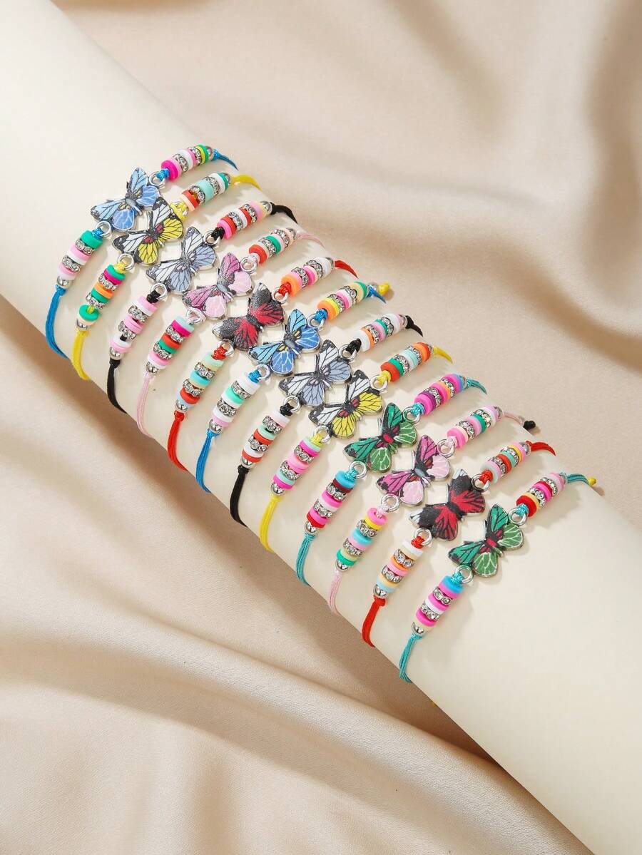 12pcs Oil Painting Butterfly & Soft Clay Rhinestone Circle Adjustable Braided Bracelet Set For Women, Suitable For Family, Best Friends, Couples To Share, Gift, Daily Wear - Multicolor - View 1