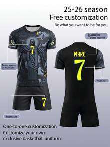 2pcs Set Fully Allover Print Black God Master Burning Flower Boys' Football Suit, Customized Name & Number Jersey, #7 Print Sports Player, Short Sleeve Shorts Set, Suitable For Boys Girls, Custom Football Kit 2026, Personalized Gift, Back To School - Black - View 2