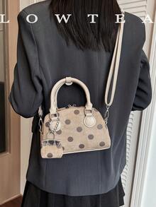 low tea 1pc Polka Dot Bowling Bag PU Fabric Handbag With Adjustable Shoulder Strap, Suitable For Commuting, Shopping And More - Light Khaki - View 8