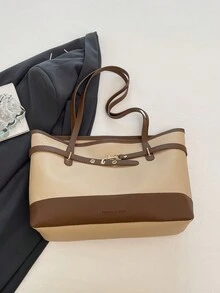 復古大容量女款托特包，時尚百搭休閒極簡通勤單肩包 - 卡其色 - 查看 10
