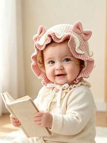 0-2 Years Old Baby Cute Knitted Hat, Bow Rabbit Ears Ruffle Edge Sun Hat, Warm Soft Crochet Tie Hat, Sweet Princess Style Infant Headwear - Multicolor - View 6