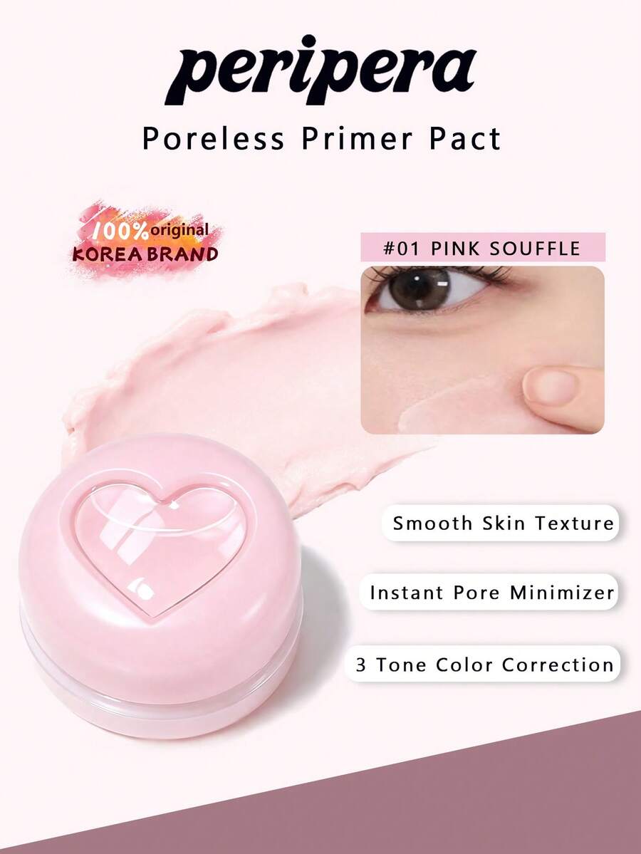 Peripera Poreless Primer Pact 01, Fine Powder Texture, Even Skin Look, Smooth Base Makeup, Long-Lasting, Easy To Apply, For Beginner, For Women Daily Use, K-Beauty, Korean Makeup, Olive Young, GIFT, 9.5g/0.33 Oz.