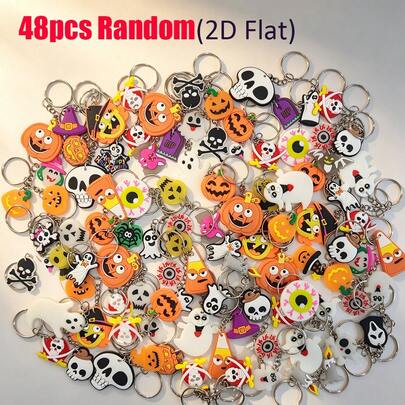 24/36/48pcs Random Assorted Halloween Keychains 2D Flat PVC Soft Rubber Pumpkin Ghost Skull Pendant Party Favors Event Prizes