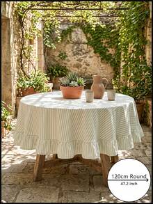 1pc Light Blue Green White Fine Striped Round Tablecloth, Fresh Natural Style Fabric Material, Round Ruffle Trim Pleated Detail Decoration, Beautification Function, Outdoor Round Tablecloth Suitable For Outdoor Patio And Natural Pastoral Dining Scenes - Green - View 12