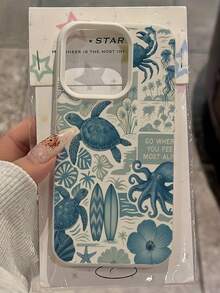 1pc White Matte Minimalist Lens Protection Blue Sea Turtle Surfboard Pattern Phone Case Personalized Compatible With IPhone 16 Pro Max/17/16/15/14 Plus/13/12/11/Air And Series - Multicolor - View 3