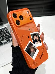 1 buah Casing Ponsel Kaca Tempered Jendela Besar Mewah DIY Kustomisasi Ganda dengan Foto & Nama, Anti Jatuh, Kompatibel dengan Apple Duo/18ProMax/17ProMax/16Pro/15/14Plus/13Pro/12ProMax/11, Pelindung Premium Cakupan Penuh - Jeruk - View 4