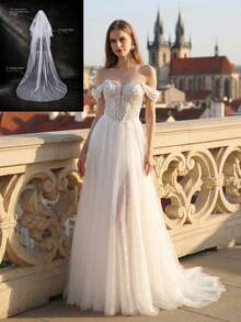Summer Elegant Off-Shoulder Slit Lace Embroidered Long Wedding Dress With Cathedral Wedding Veil Bridal Long Veil - Beige - View 1
