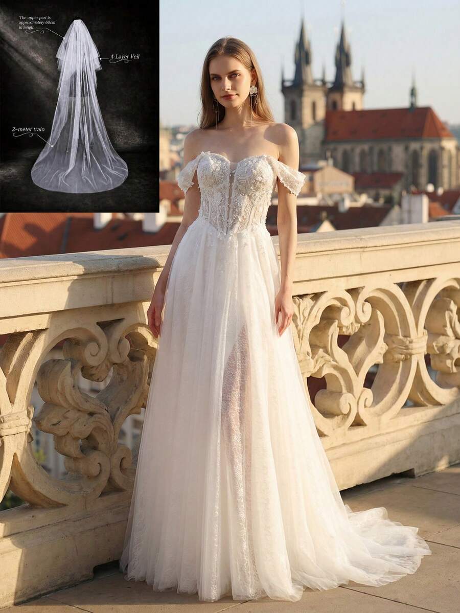 Summer Elegant Off-Shoulder Slit Lace Embroidered Long Wedding Dress With Cathedral Wedding Veil Bridal Long Veil - Beige - View 1