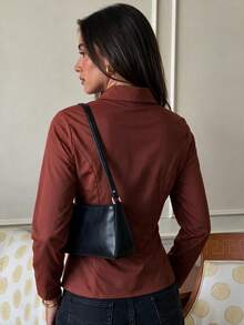 Women Elegant Vintage Retro Solid Collared Long Sleeve Button Front Bust Seam Detail Slim Fit Waist Cinched Fitted Shirt Blouse - Rust Brown - View 3
