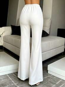 Women's Elegant Fashion Solid Color High Waist Double Row Gold Decorative Buttons Elegant Casual Long Pants - White - View 2