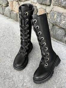 Women's Casual Fashion Boots, Black Knee-High, Non-Slip Low Heel Wide Shaft, Suitable For Daily Outdoor Activities, Autumn/Winter - Black - View 8